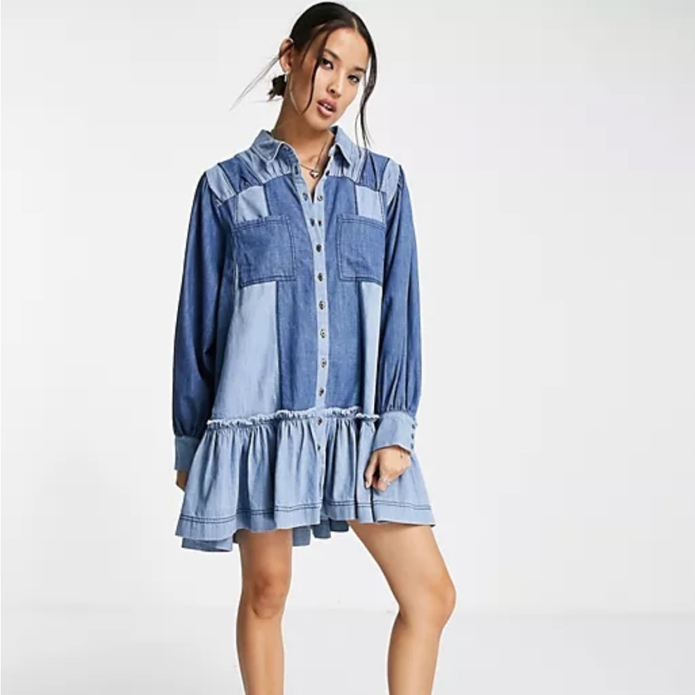 BNWT FREE PEOPLE SUN BURST DENIM PATCHWORK MINI DRESS SIZE S